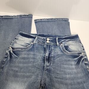 Women's Bellbottom Blue Denim Boot Cut Destressed Long Jeans Size M